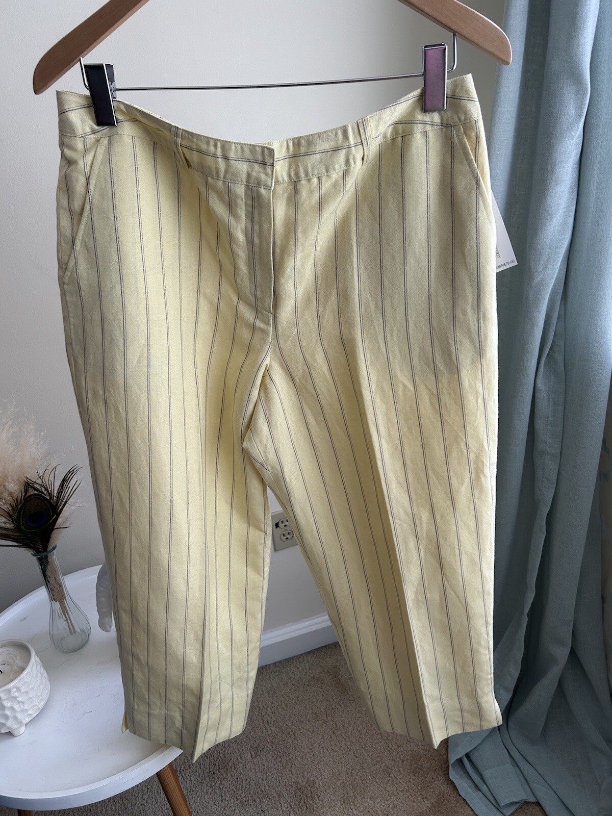 Larry Levine Cropped Pants Women 14 Shea Butter Colore Striped Lined Linen Blend