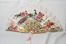 Vintage Hand Painted Peacock Lace Trim Fan With Original Box