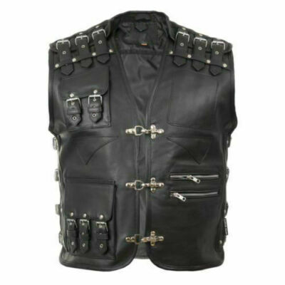 Men's Genuine Cow Leather Heavy Buckled Rocker Biker Motorcycle Vest Waistcoat
