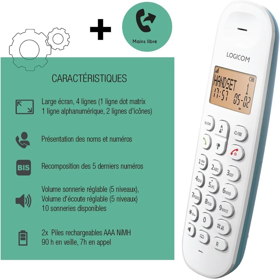 Logicom ILOA 150 Schnurloses Festnetztelefon Türkis DECT Batteriebetrieben 7h Ge - Imagen 2 de 4