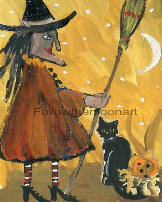 Halloween Witch in Striped Stockings & Black Cat Pumpkin Wall Art Print 