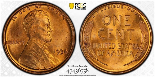 1934 Lincoln Cent 1c PCGS MS66 RD Red Wheat Penny