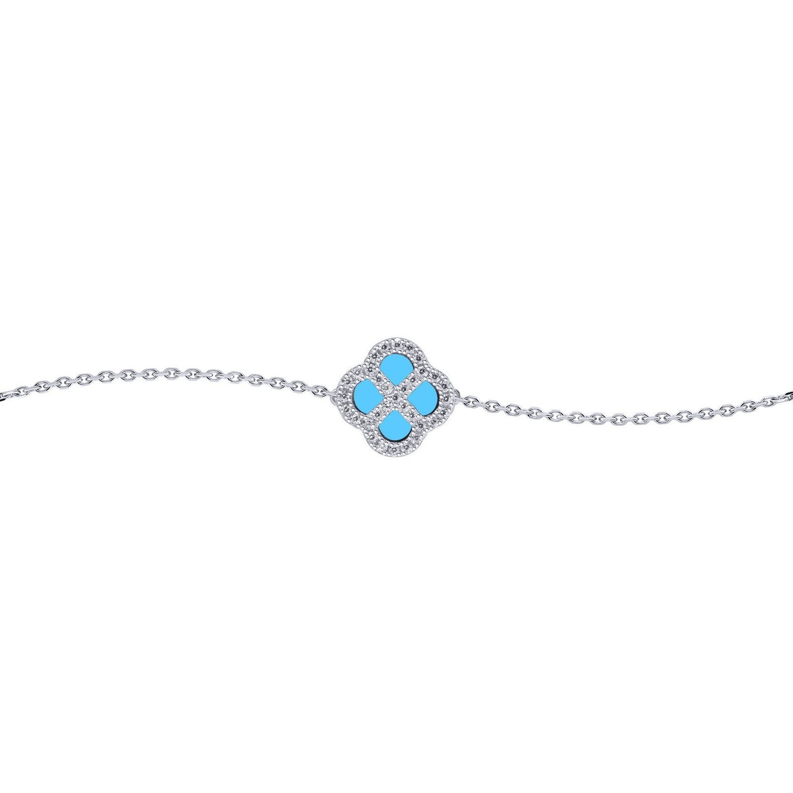 Silver Jewelco London CZ Turquoise Clover Kiss Charm Bracelet 6-7.5""
