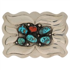N Silver Southwest Turquoise Coral Native American Handmade Sty Vtg Belt Buckle