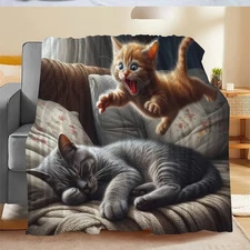 Cat-Themed Throw Blanket: Playful Orange Kitten & Napping Gray Cat on Cozy Sofa