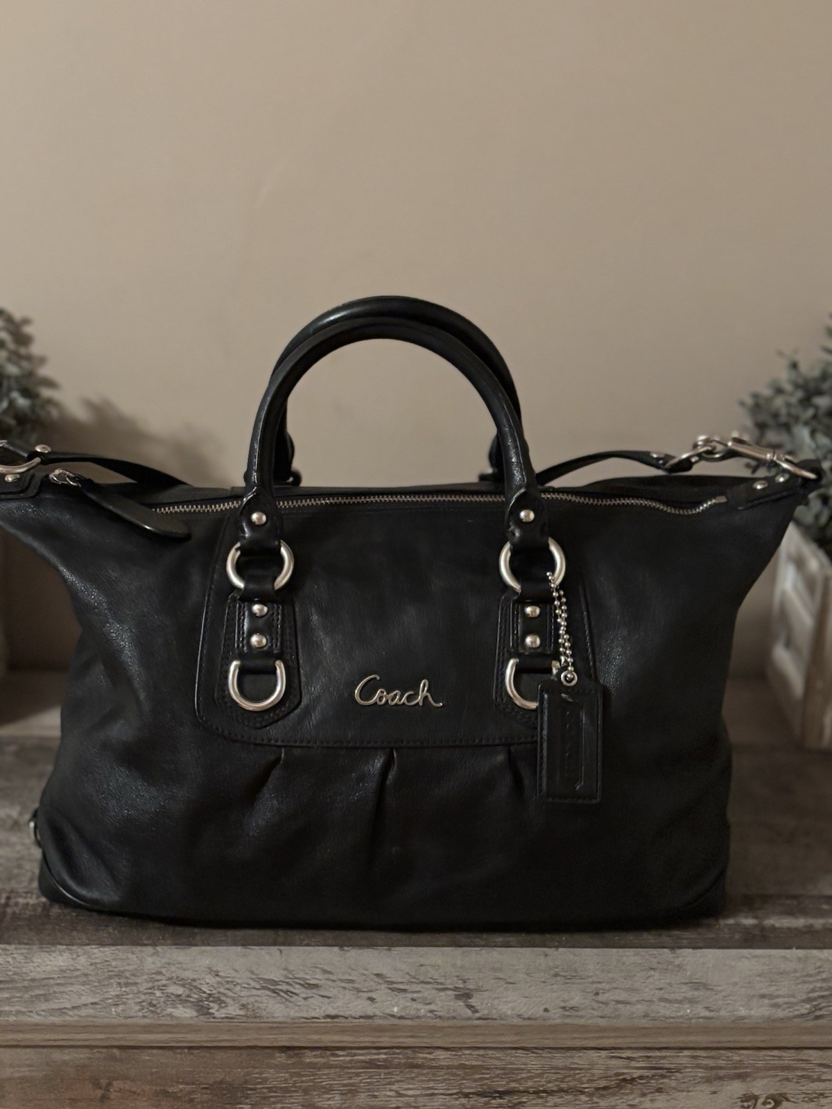 Coach F15445 Ashley Black Leather Convertible Satchel Shoulder Bag