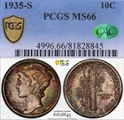 MS66 CAC 1935-S 10C Mercury Silver Dime, PCGS Trueview- Nicely Rainbow Toned