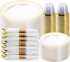 350PCS Clear Gold Plastic Dinnerware Set for 50 Guests, Disposable Party Plate f
