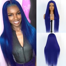 Blue Synthetic Lace Front Wigs Long Straight Hair for Women Daily Party Glueless