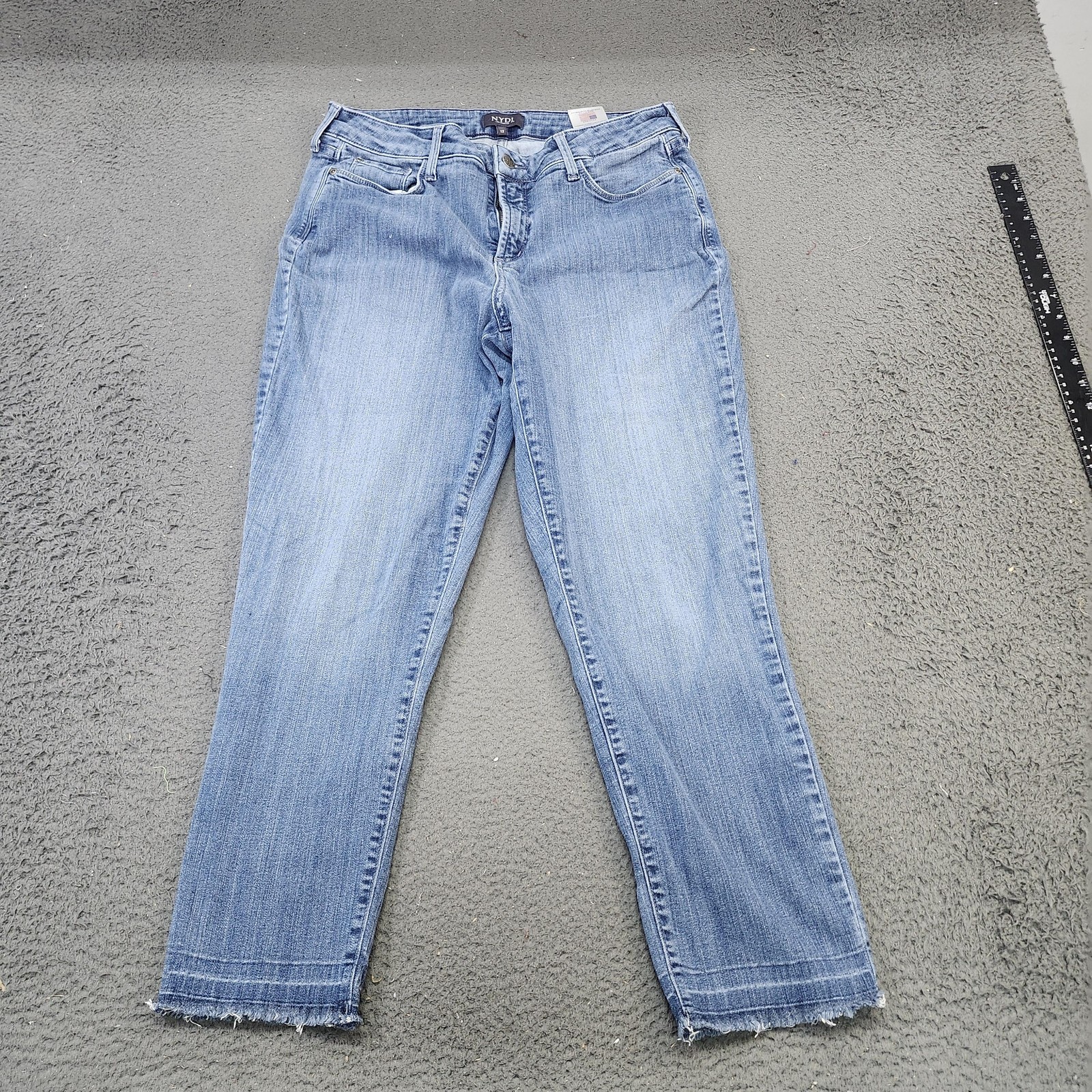 NYDJ Jeans Womens 12 Blue Medium Wash High Rise Straight Crop Fringe Hem Denim