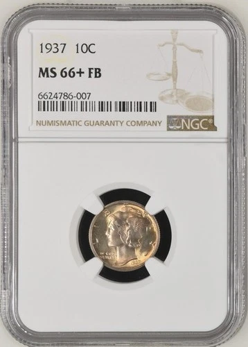 1937 MERCURY DIME 10C W/TONING NGC MS 66+ FB Certified Coin