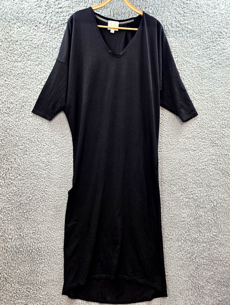 Boho Bird Womens Midi Shift Dress Size 10 Black Stretch Knit 3/4 Sleeve V-Neck