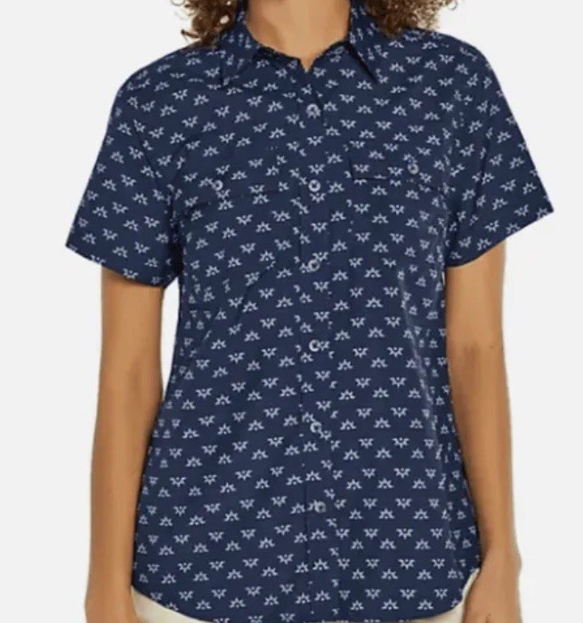 Eddie Bauer Blue Patterned Button Down Top, outdo… - image 1