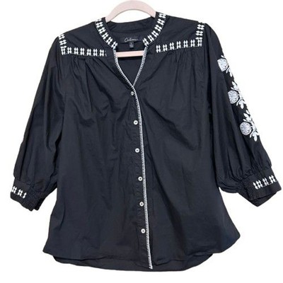 Calessa Button Up Top Womens Large Black White Floral Embroidery Stitch Boho