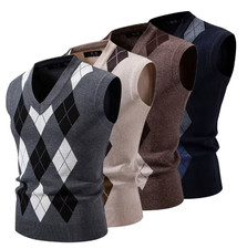 Gilet Uomo In Maglia Motivo A Rombi Scollo A V Smanicato Casual Pullover autunno