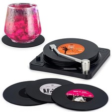 Funny Retro Vinyl Record Coasters with Player, 6 Pcs Music Coasters Classic