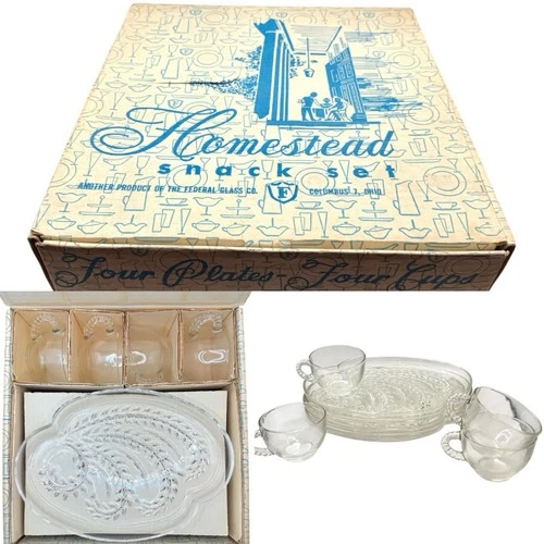 Federal Glass Co Vintage Homestead Snack Set, 4 Plates and 4 Cups NEW in Box