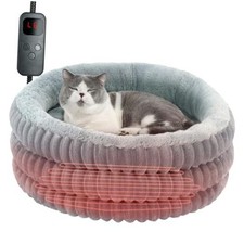 Heated Cat Bed Indoor, 20" Round Donut Deep Sleep Calming Heated Pet Beds for