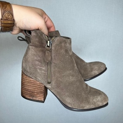 Blondo Waterproof Suede Taupe Ankle Booties Wood Stacked Block Heel Boots