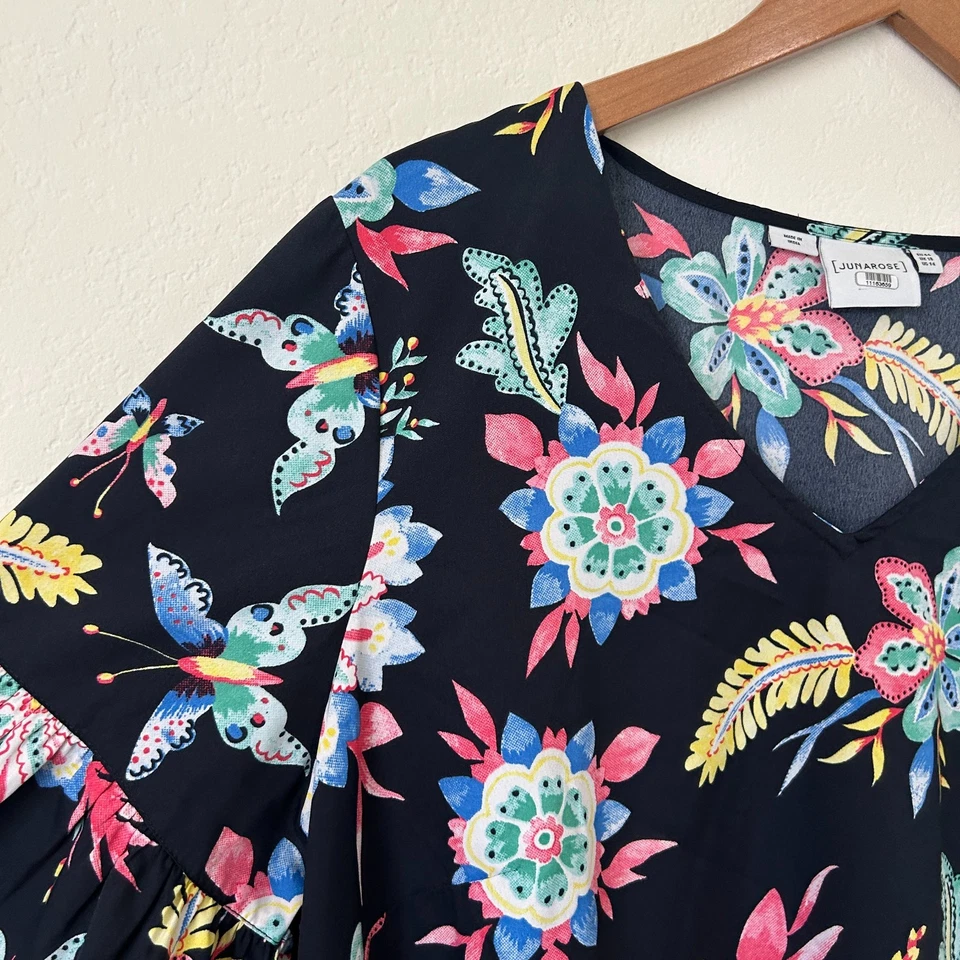 Junarose Top Womens 14 Black Allover Floral Print Short Ruffle Sleeve Blouse - Image 4 of 4