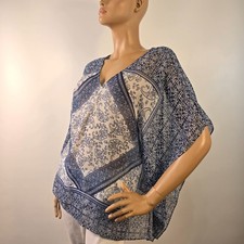 Poncho Shawl Blue Sheer Lightweight Printed Scarf Top Casual Women's Medium