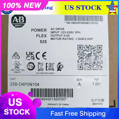New Sealed AB 25B-D4P0N104 Power Flex 525 1.5kW 2Hp AC Drive US Free Tax
