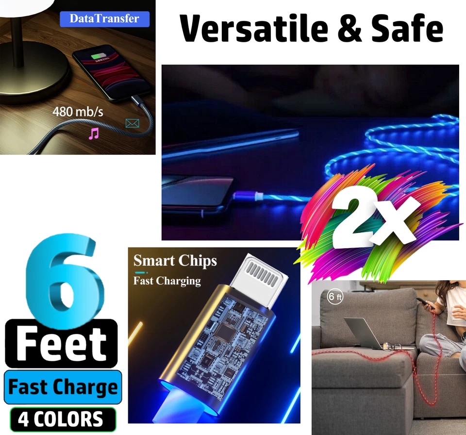 2 Pack 6FT LED Fast Charge 8 Pin USB Cable Cord for Apple iPhone 8 X XR 11 12 13 - Image 4 of 4