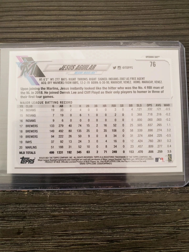 2021 TOPPS OPENING DAY BLUE FOIL APRIL 1,2021 #76 JESUS AGUILAR MIAMI MARLINS - Image 2 of 2