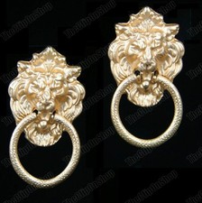 1.75"BIG lion head DOOR KNOCKER EARRINGS brushed gold HOOP antique retro clips
