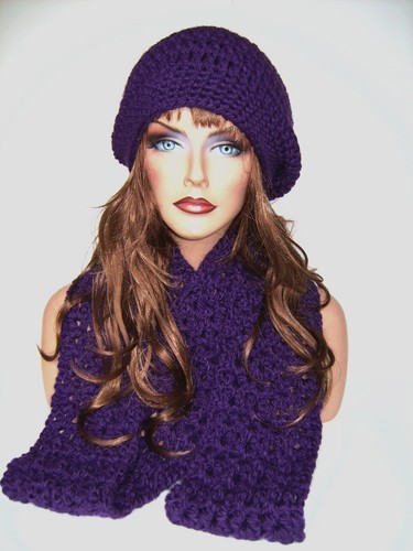DEEP VIOLET PURPLE NEW HAND CROCHET HAT AND INFINITY SCARF SET BEANIE BERET   - Picture 4 of 12