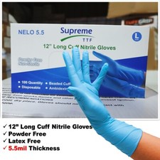 12" LONG CUFF DISPOSABLE NITRILE GLOVES POWDER FREE BLUE 5.5mil Thickness