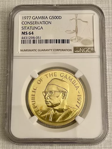 Gambia 1977 Conservation Sitatunga 500 Dalasis Gold NGC MS64 SKU#5953