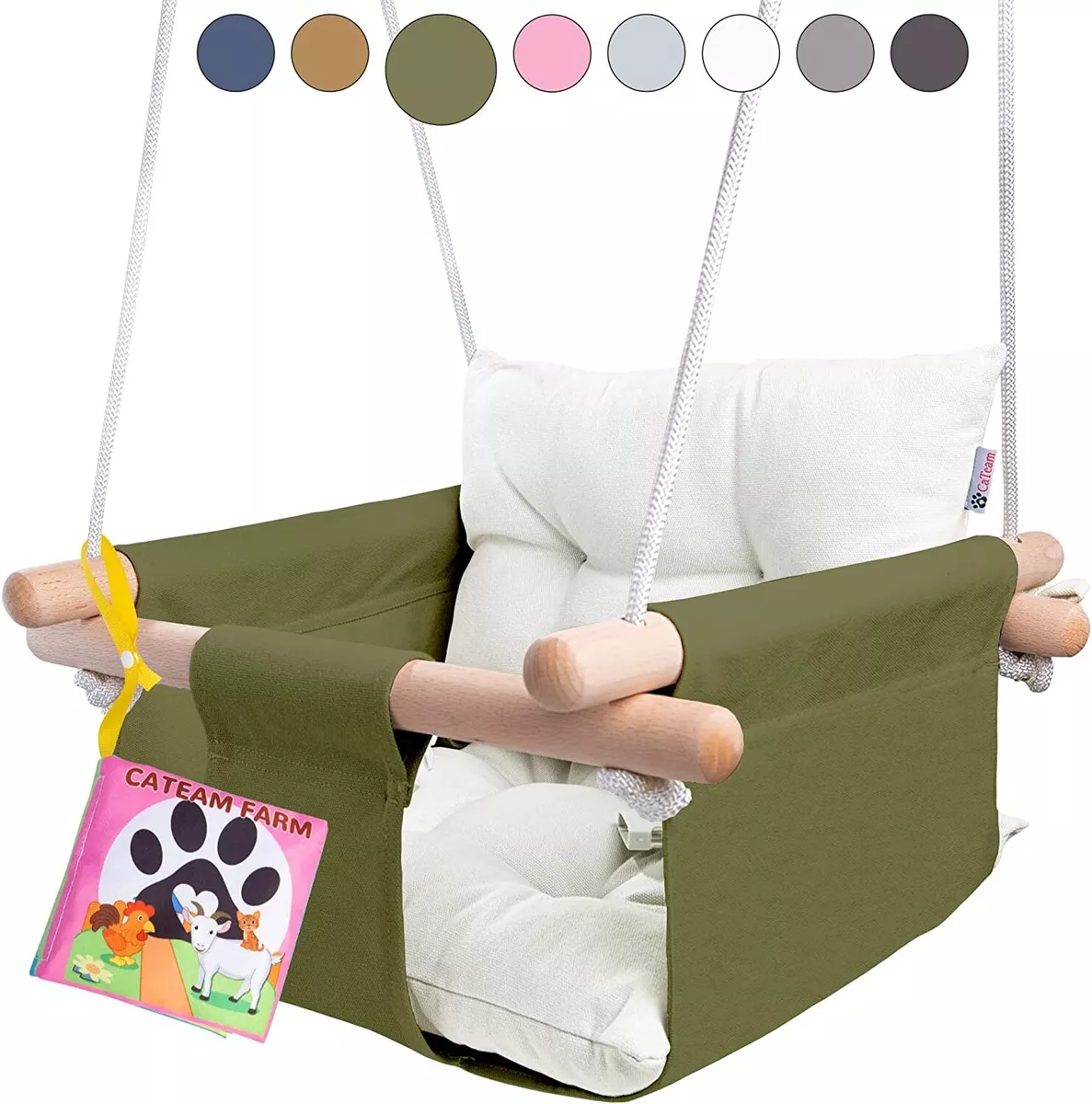 CaTeam Canvas Baby Swing Wooden Hanging Swing Seat Chair with Safety Belt