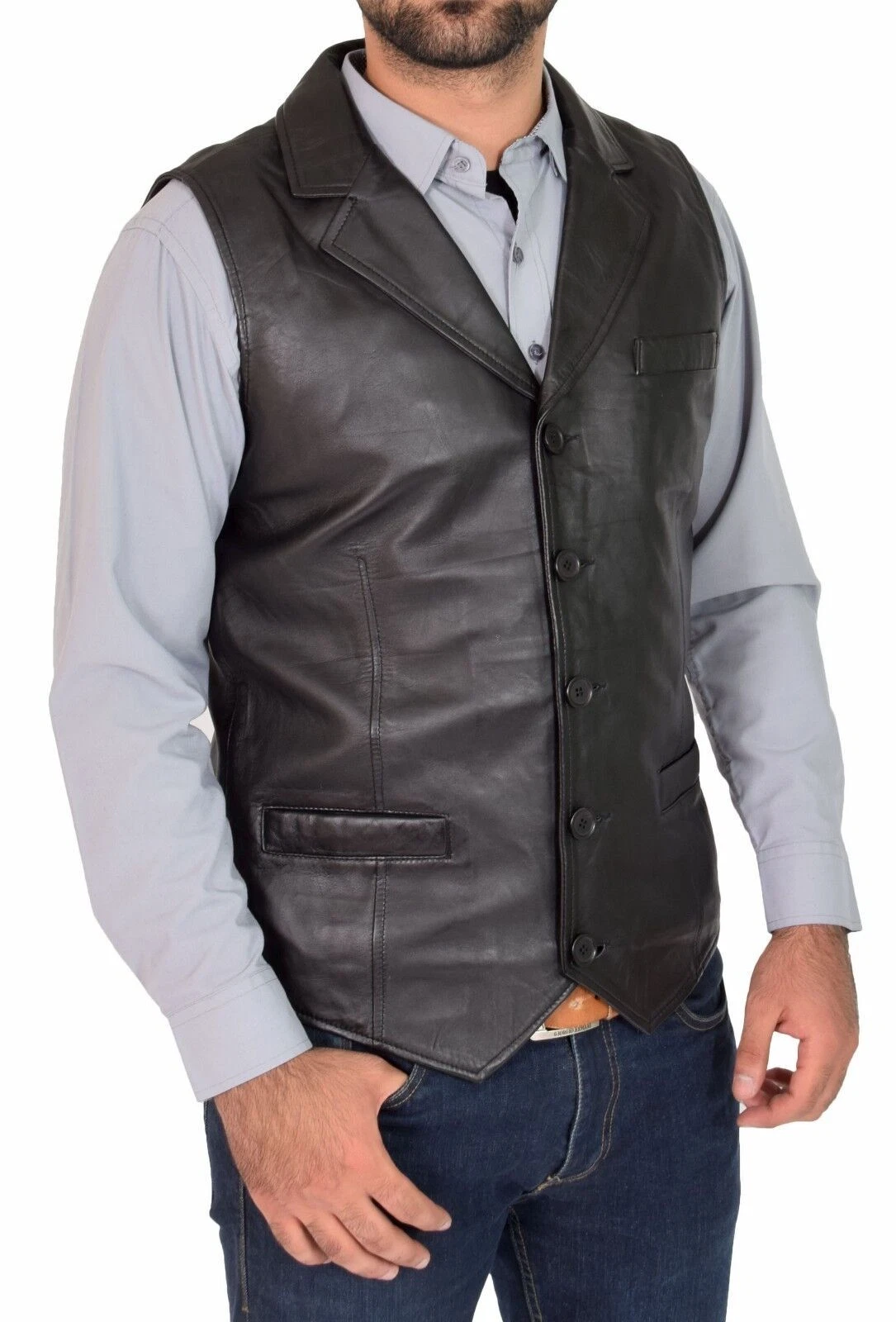 Men's Black Soft Leather Waistcoat Collar Gilet Classic Western Style Vest Coat
Opens in a new windo