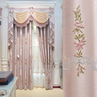 European jacquard pink embroider relief thick window valance curtain tulle M1584