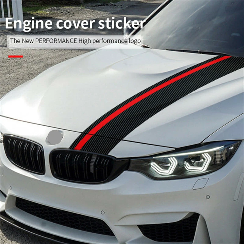 Calcomanía adhesiva envolvente negra/fibra de carbono con rayas rojas para capó delantero para BMW Foto 4 de 4