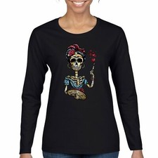 Frida Kahlo Calavera de Azúcar Mujer Camiseta Manga Larga Calavera Día de Muertos