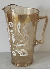 Pitcher Carnival Glass Jeannette Iridescent Marigold White Floral Design Vintage