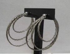 Huge Vtg 2-1/2  Textured Silver Tone 3D Rigid TRIPLE HOOP Earrings Post Pierced