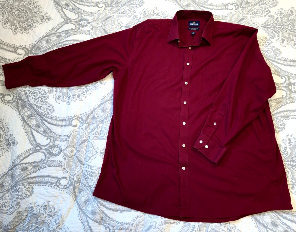 Stafford Travel Dress Shirt Men's 18 34-35 Burgundy Reg Fit Easy Care  Broadcloth