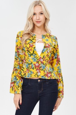 Yellow Floral Bell Sleeve Jacket/ Size Free 