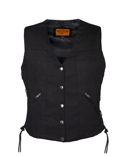 Black Women's Genuine Denim Vest Motorcycle Biker Side Laces Waistcoat - Picture 2 of 5