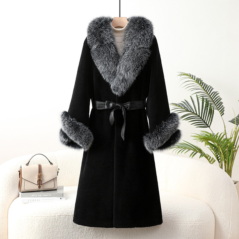 Winter Womens Real Fox Fur Collar Lamb Wool Shearling Mid Long