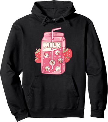 Weirdcore Aesthetic Kawaii Strawberry Milk Carton Eyeballs Pullover Hoodie