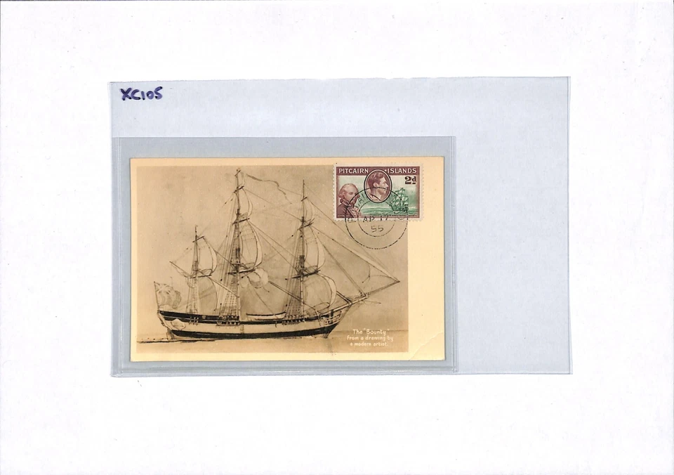 PITCAIRN ISLAND KGVI 2d HMS BOUNTY Postcard View-Side 1955 SHIPS Maxi-Card XC105 - Image 3 of 4