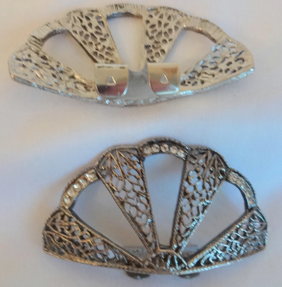 Juego de clips de hebilla de zapato con forma de abanico de filigrana de diamantes de imitación transparentes tono plata vintage Foto 4 de 4
