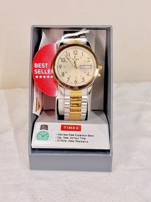 Timex Indiglo Men's Two-Tone Stainless Steel Watch Gold Dial Day/Date 24H 30M