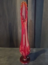 Vintage MCM 17.5" Fenton, ruby red swung vase, thumbprint flame mouth  pedestal