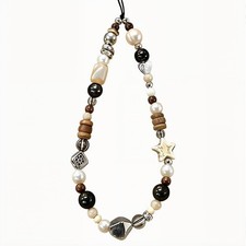 Vintage Brown Beaded Phone Charm Wrist Strap Keychain Cellphone Lanyard for Wome