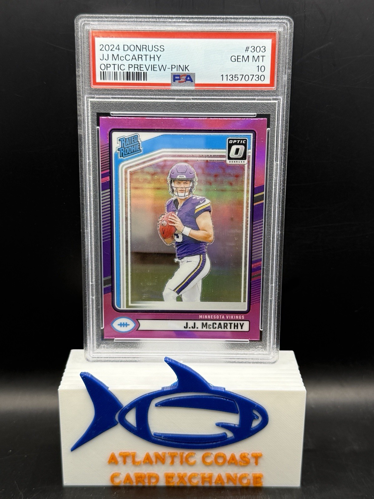 2024 Panini Donruss J.J. McCarthy Rated Rookie Optic Preview Pink RC #303 PSA 10
